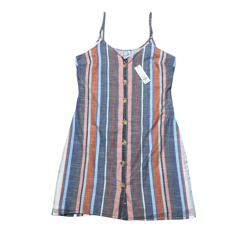 Francesca’s Blue Rain Dress Women’s M Patriotic Stripes Casual V Neck Button Up